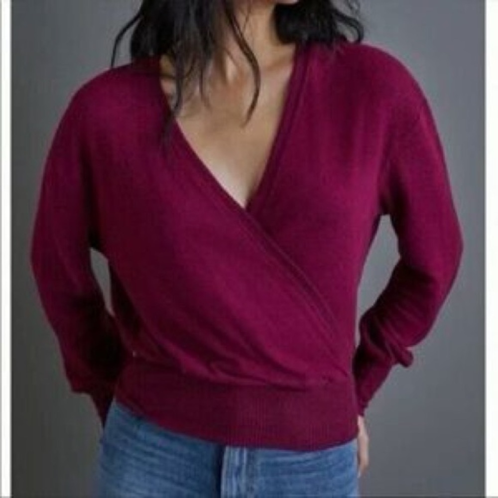 Anthropologie Red V-Neck Sweater with Textured Knit
